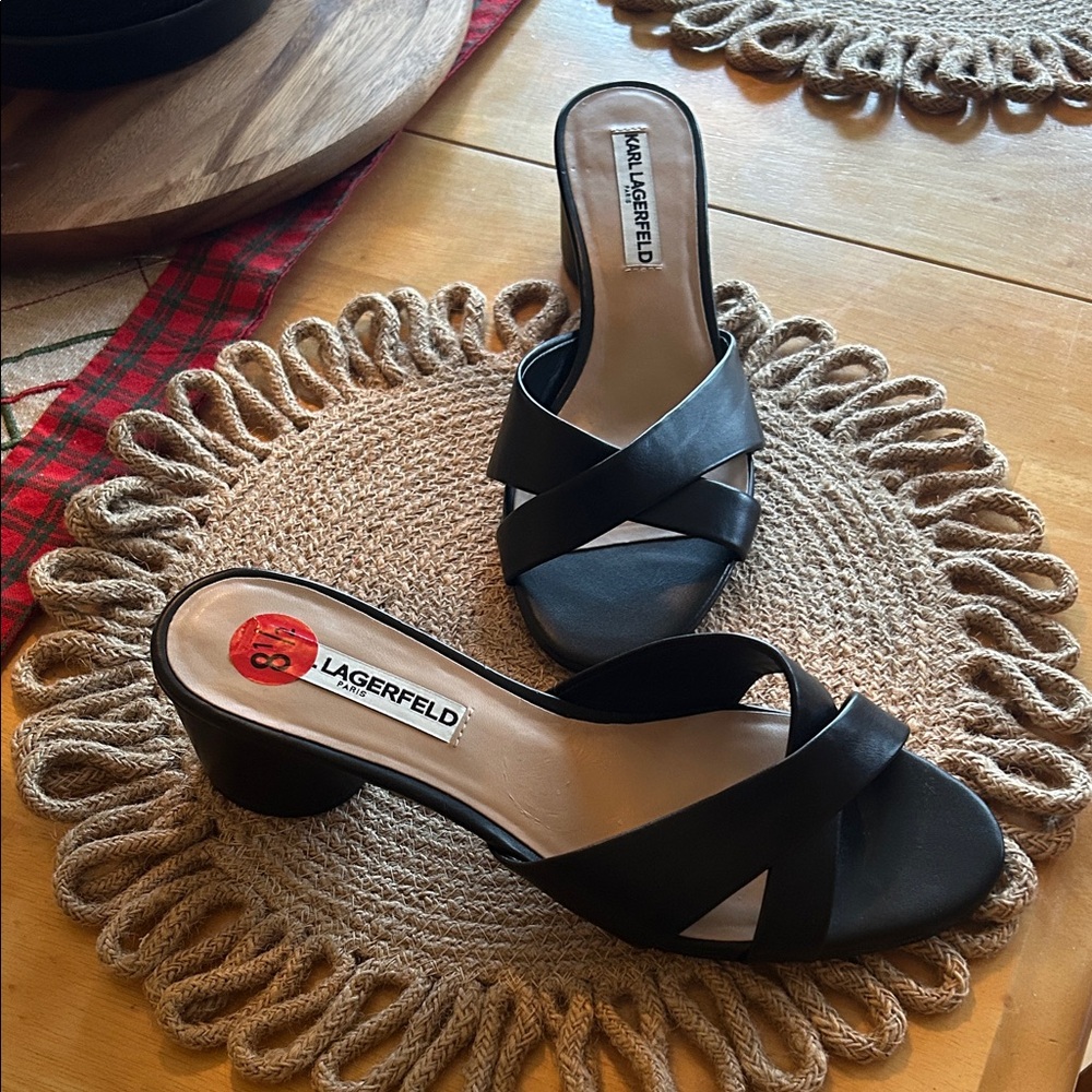 Karl Lagerfeld Criss-Cross Leather Block Heel Mules